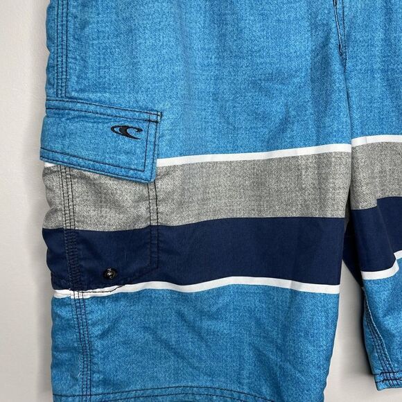O'NEILL Mens Blue White Black Stripe Board Shorts Unlined Hook & Loop 31 x 10 - Picture 3 of 8